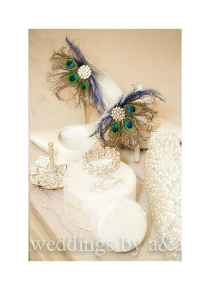 Mariage - Wedding Shoe Clips Royal Blue & Peacock Fan. Bride Bridal Bridesmaids, Birthday Glamour, Feminine Large Rhinestone, Statement Teal Metallic