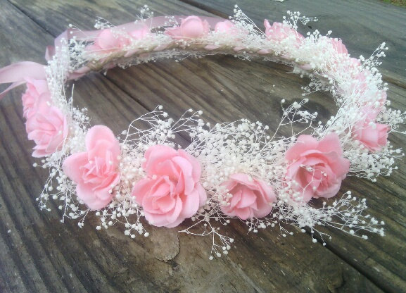 Hochzeit - blush, pink, rose, crown, Headband, Halo, bridal, headpiece, flower, girl, bridesmaid, rustic,  baby's, breath, shower child, pale, light
