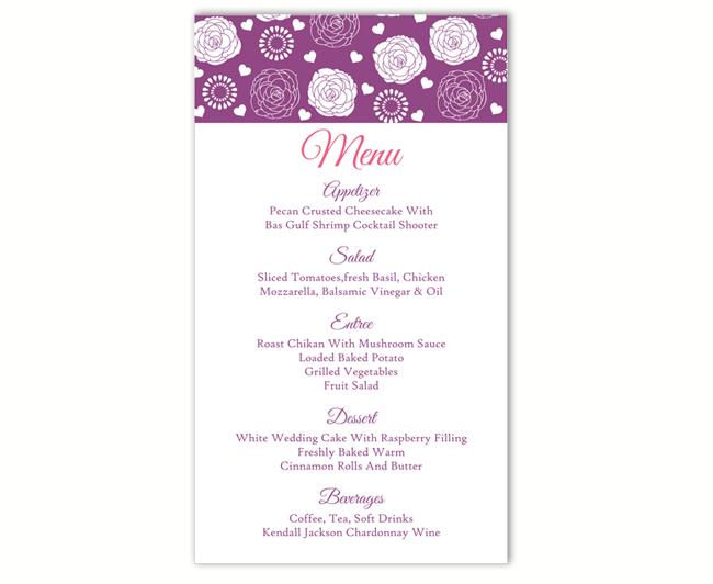 Mariage - Wedding Menu Template DIY Menu Card Template Editable Text Word File Instant Download Purple Eggplant Menu Rose Printable Menu 4x7inch