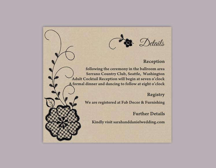 Hochzeit - DIY Lace Wedding Details Card Template Editable Word File Download Printable Burlap Vintage Black Details Card Floral Rustic Enclosure Card