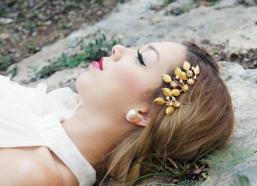 زفاف - Gold bridal hair clips, Pearls hair, Grecian leaves hair clips, Gold with pearls floral bobby pins, Bridal vintage hair clips, Gold wedding