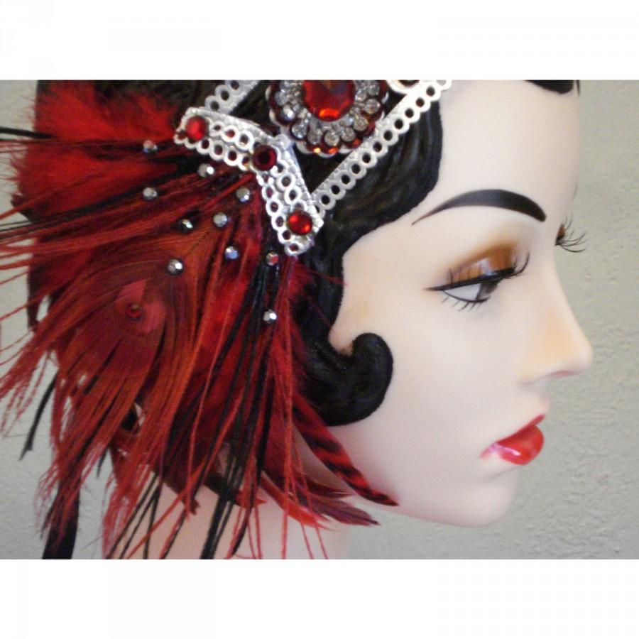Mariage - Lady Is A Vamp - Bejeweled Peacock Feather Flapper Headband in Ruby Red, Black and Silver
