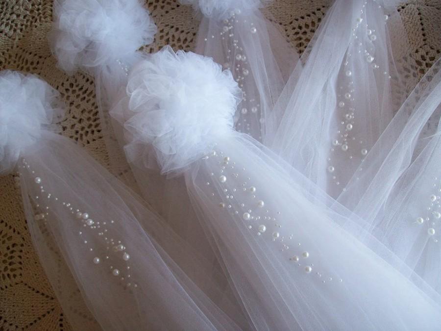 زفاف - Pom Pew Bows, Tulle and Pearl Bows, Church Pew, Pew Bows, Aisle Decor, Quinceanera Decorations, Chair Hangers, OVER 20 COLORS