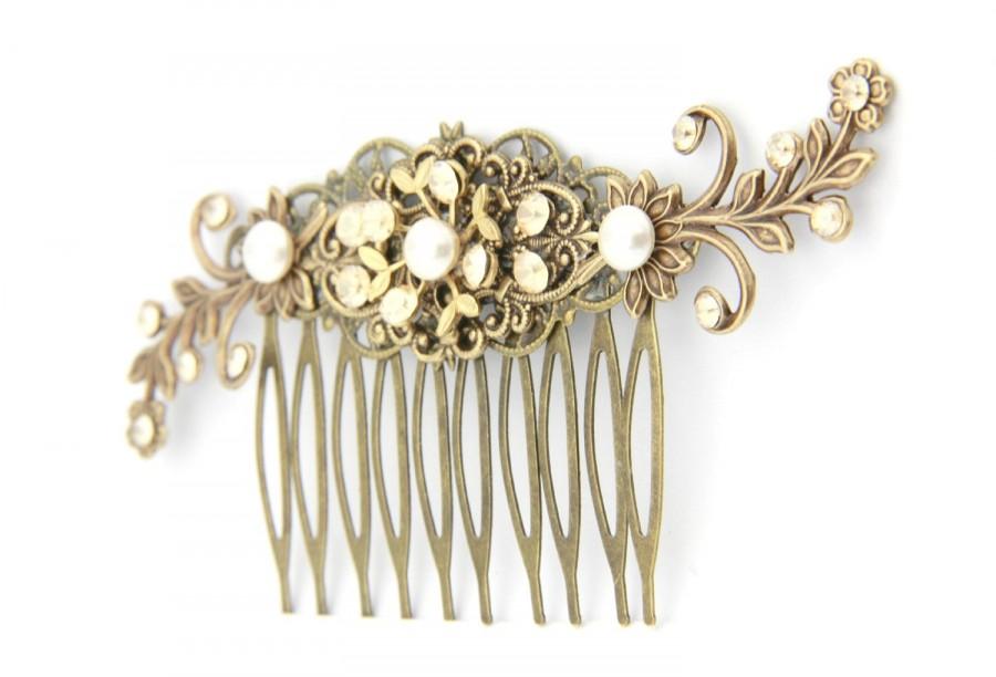 Mariage - Bridal Antique Gold Hair Comb Wedding Hair Comb Vintage Style Hair Piece with Ivory Swarovski Pearls and Golden Shadow Crystals 