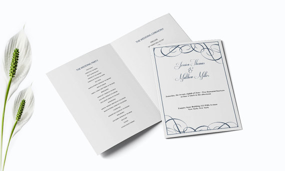 Hochzeit - Printable Wedding Program Templates - Editable PDF - 8.5 x 11 Navy Swirls Foldover Wedding Ceremony Program - Instant Download DIY You Print