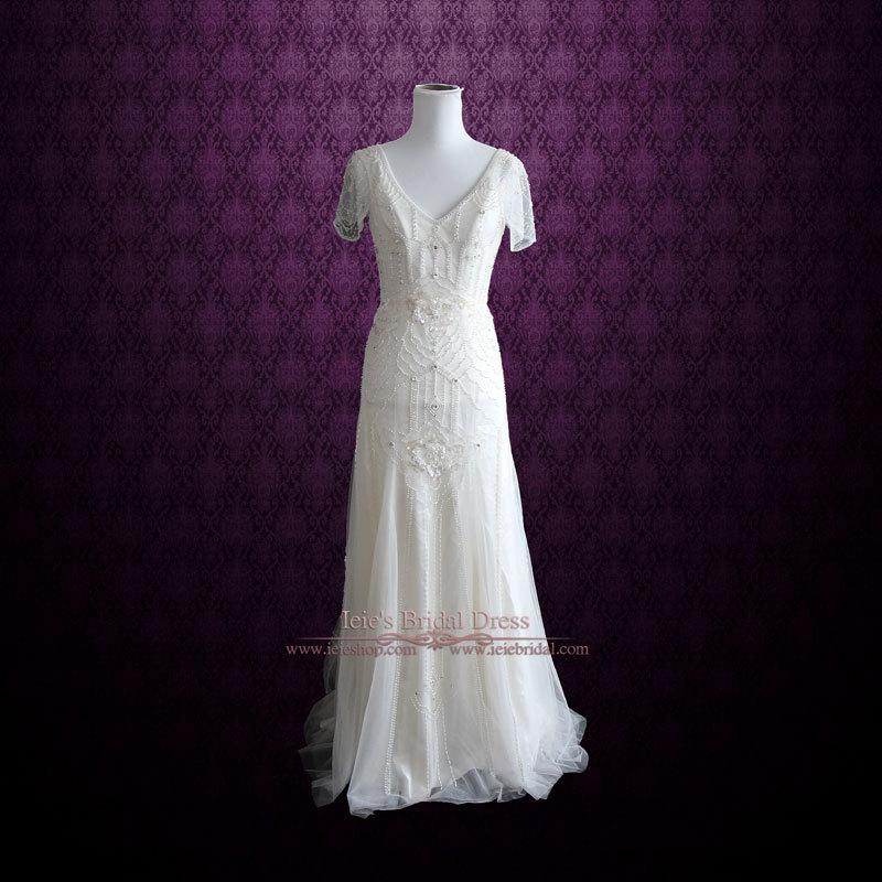Mariage - Ivory Bohemian Wedding Dress with Silk Lining Cap Sleeves and Intricate Beading 