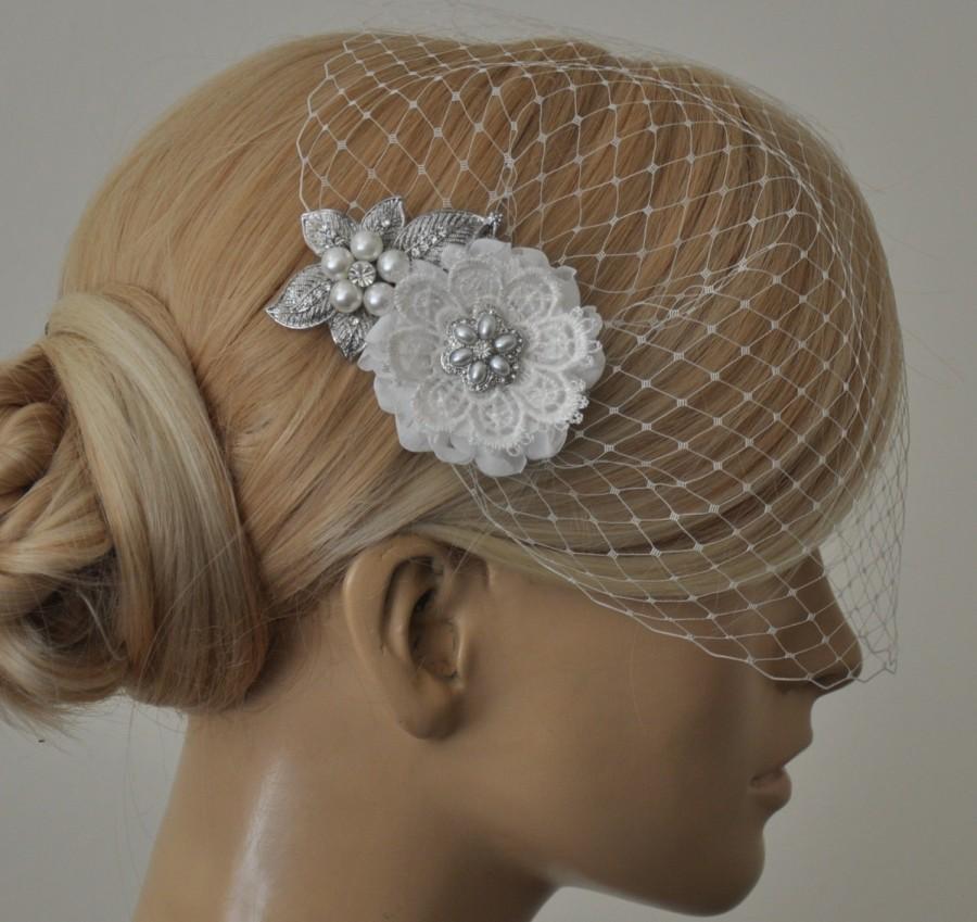 زفاف - Birdcage Veil (Bandeau style) set with hair  Fascinator (2 Items) , Hair Accessory,wedding veil, Bridal hair piece ,wedding hair piece,