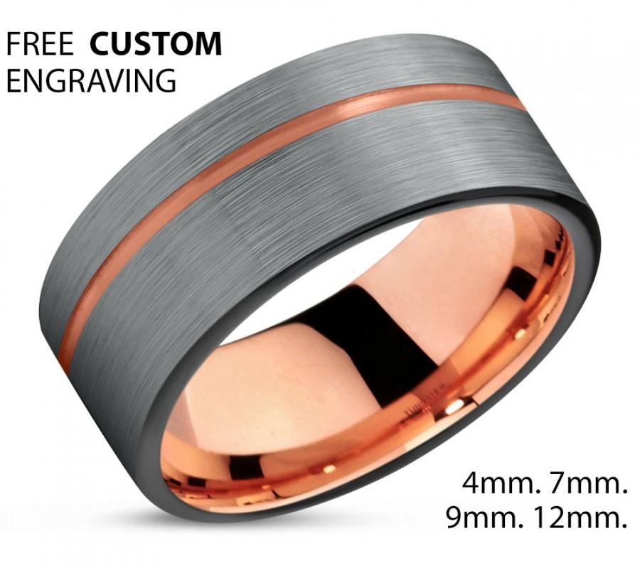 Hochzeit - Black Tungsten Ring Rose Gold Wedding Band Ring Tungsten Carbide 9mm 18K Tungsten Ring Man Wedding Band Male Women Anniversary Matching