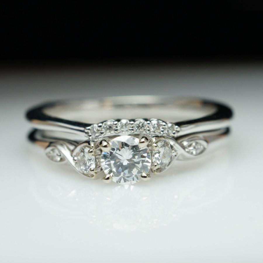 Beautiful Diamond Engagement Ring & Wedding Band Set 14k White Gold