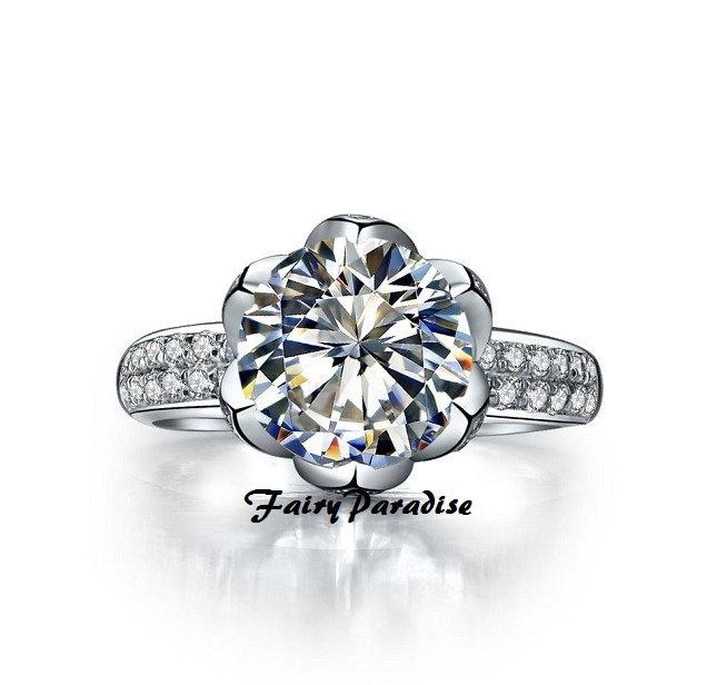 Wedding - Lotus Engagement Ring, 3 Ct Round Cut lab made Diamond,  Flower Blossom Promise Ring in 2 rows pave band, Free Gift Box (FairyParadise)