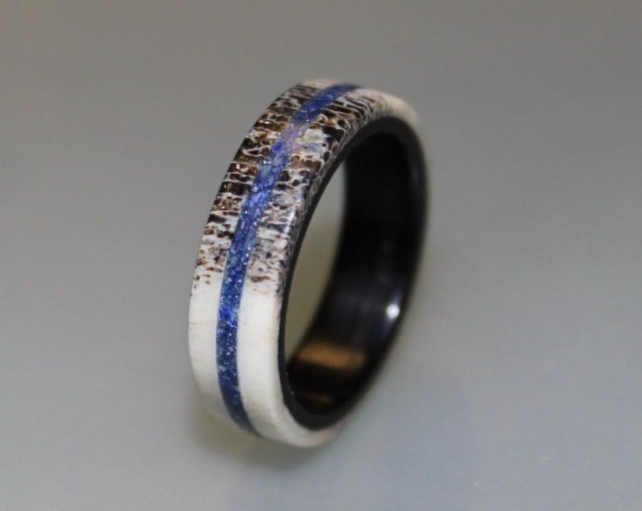 Wedding - Deer Antler Wedding Band, Antler Ring with Lapis Lazuli Inlay, Lapis Lazuli Ring, Ebony Wood Ring