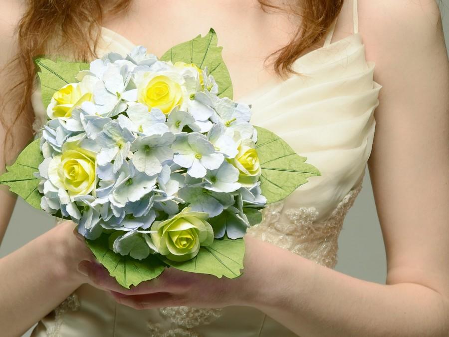 Hochzeit - Hydrangea and Roses Paper Wedding Bouquet - Blue and Yellow Bridal Bouquet
