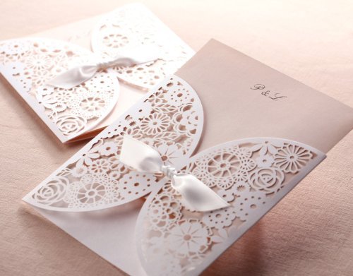 Wedding - 50 Laser Cut Lace Wedding Invitations Cards with Bow  and Flowers