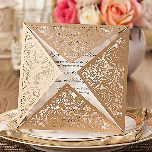 Mariage - Square Gold Laser-cut Lace Flower Pattern Wedding Invitations