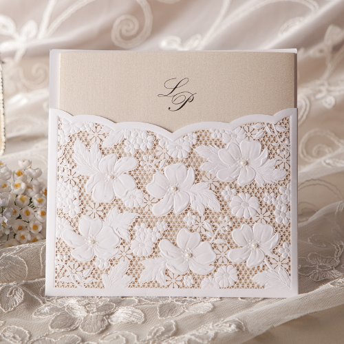 Mariage - 50 Laser Cut Wedding Invitations with Pearl and Lace