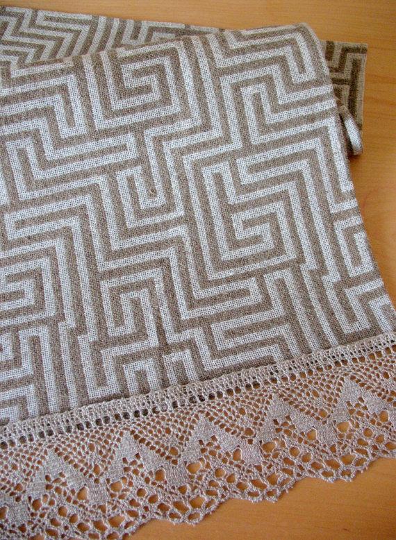 Wedding - Linen Table Burlap Runner Tablecloth Natural White Gray Striped Linen Lace 74" x 17" $52.00 USD
