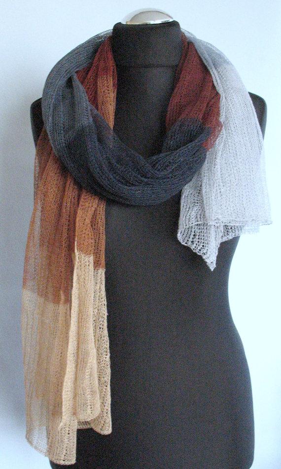 Mariage - Linen Scarf Shawl Wrap Stole Beige Brown Gray White Multicolored, Light, Transparent. . . SALE
