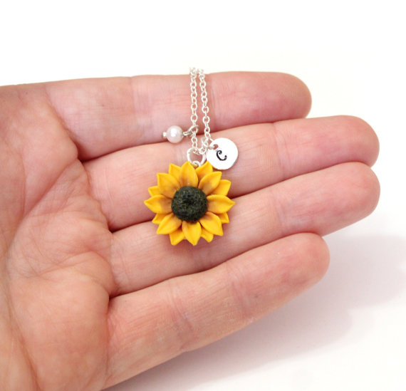 Wedding - Yellow Sunflower Necklace,Yellow Pendant, Personalized Initial Disc Necklace, Bridesmaid Necklace,Yellow Bridesmaid Jewelry,Sunflower Flower