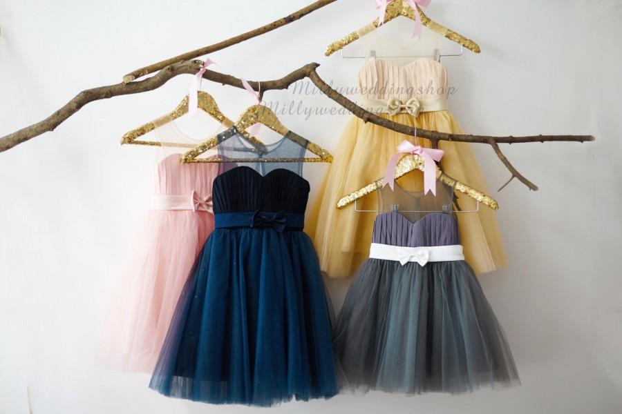 Hochzeit - Pink/Navy Blue/Gray/Champagne Chiffon Tulle Flower Girl Dress Junior Bridesmaid Wedding Party Dress with sash/bow