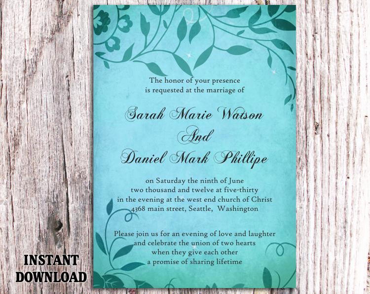 Wedding - DIY Rustic Wedding Invitation Template Editable Word File Download Printable Invitation Turquoise Blue Invitation Leaf Wedding Invitation