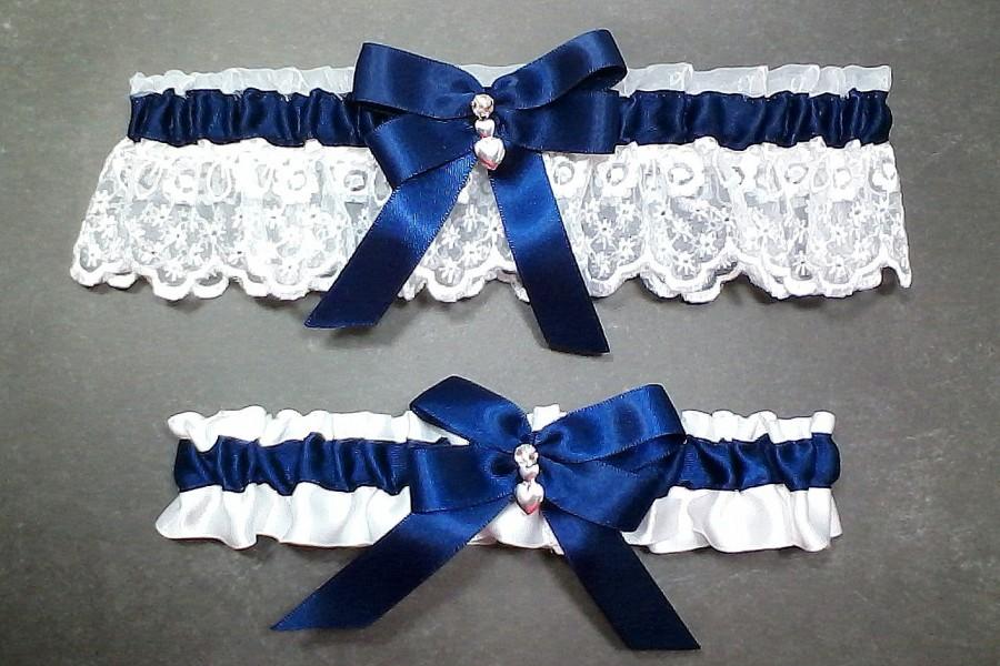 Hochzeit - Navy Blue on White Wedding Garter Set Bridal Garter Set Navy Blue on White Keepsake Garter Toss Garter Bow  with Rhinestone & Hearts Charm