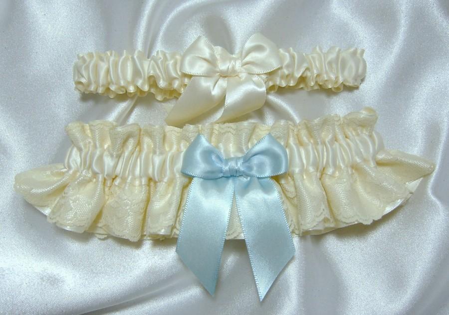 Mariage - Traditional Heirloom Keepsake Something Blue Wedding Garter Set -  Satin and Lace - Available in White or Ivory - Plus Size Too