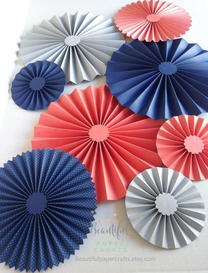 Wedding - 8 pc Navy, Coral & Gray Rosettes 