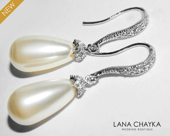 Hochzeit - Wedding Ivory Pearl Earrings, Swarovski Pearls, Cream Teardrop Pearl Earrings, Sterling Silver CZ Ivory Pearl Earrings, Pearl Bridal Jewelry