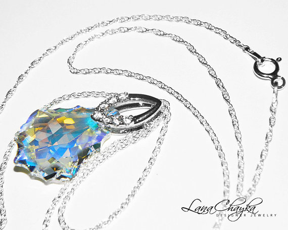 Mariage - Aurora Borealis Baroque Crystal Necklace Swarovski Crystal Pendant Sparkly Crystal Sterling Silver Cz Bridal Necklace Wedding Jewelry
