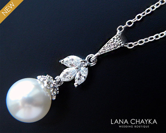 Hochzeit - White Pearl CZ Bridal Necklace Single Pearl Necklace Swarovski 10mm Pearl Pendant Sterling Silver Pearl Bridal Jewelry Wedding Pearl Jewelry