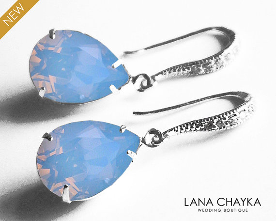 Hochzeit - Blue Opal Crystal Earrings Swarovski Air Blue Opal Pastel Blue Sky Sterling Silver Dangle Earrings Bridesmaid Earrings Wedding Light Blue