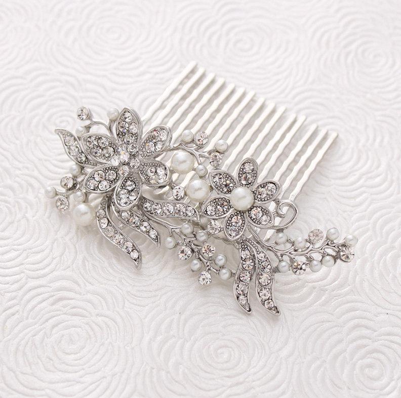 Wedding - Rhinestone Pearl Hair Comb Vintage Wedding Bridal Comb Hairpiece Gatsby Old Hollywood Wedding Crystal Silver Headpiece Jewelry Accessory