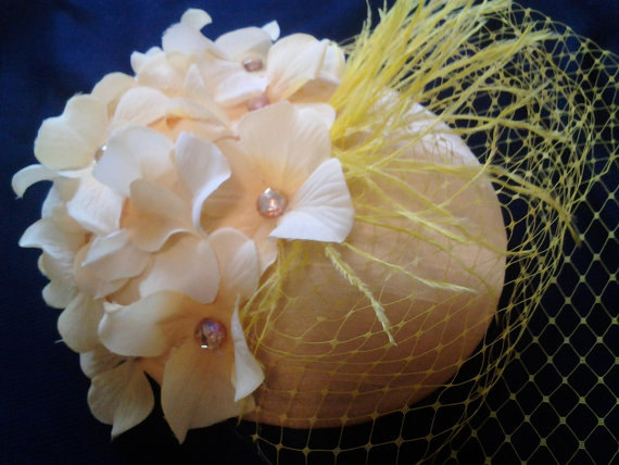 Hochzeit - Yellow Vintage Styled Birdcage Wedding Fascinator Hat - Yellow Birdcage Veiling- Yellow Flower Petal, Yellow feather - Mother of The Bride