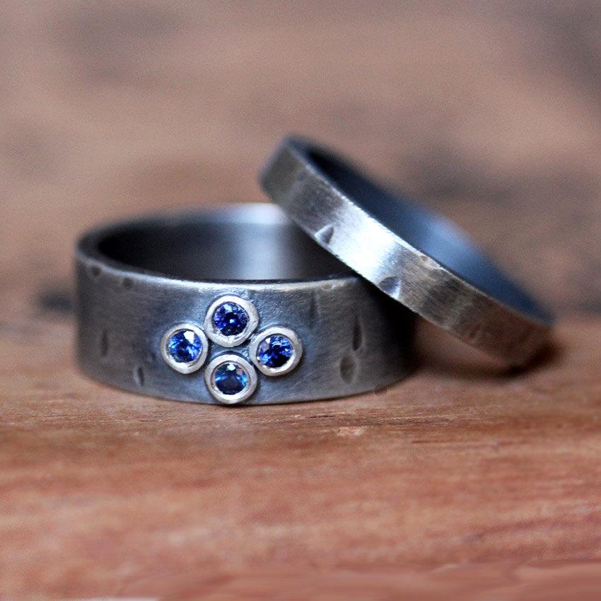 Wedding - Blue sapphire engagement ring set, rustic engagement ring, oxidized silver ring, alternative engagement ring, modern wedding band set