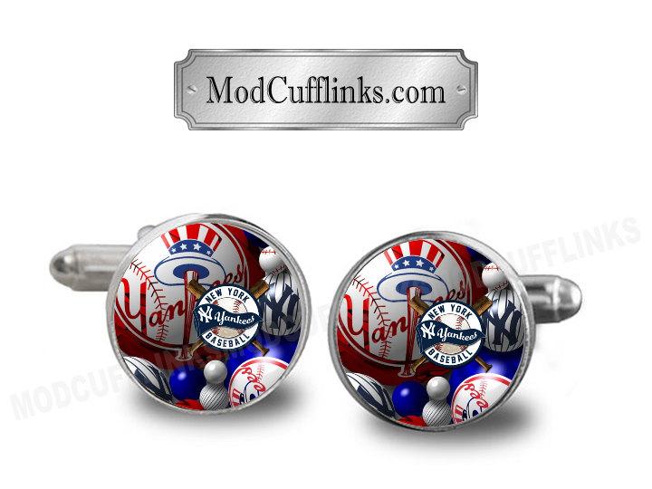 Wedding - New York Yankees Baseball Cufflinks, A Printed Picture, Antique Bronze Or Silver Color 20mm Bezel, Dome Glass, Buy 3 Get 4th Free