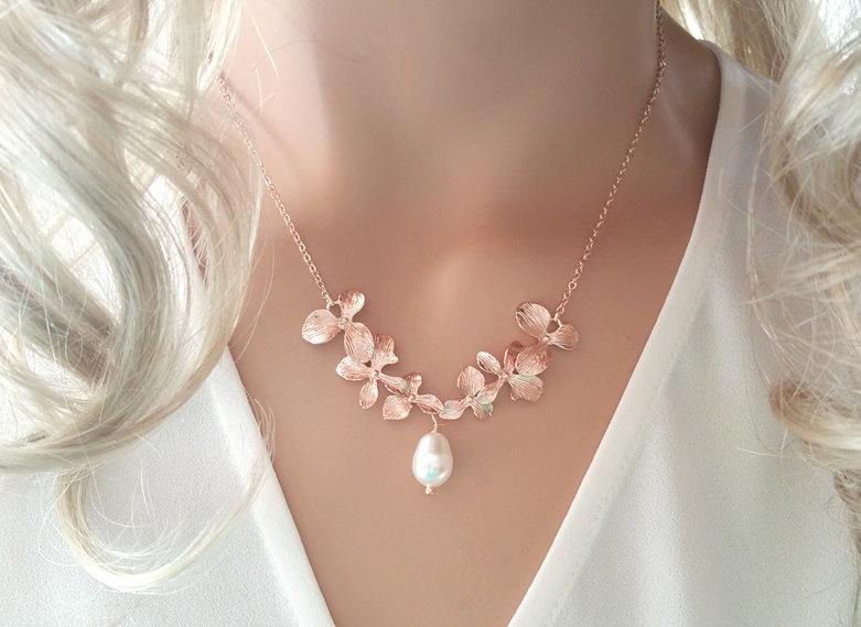 Wedding - Rose Gold Orchid Necklace, Flower Necklace, Wedding, Bridal, Bridesmaid gifts, Bridesmaid Jewelry,Orchid Pendant,statement,Christmas,Gift
