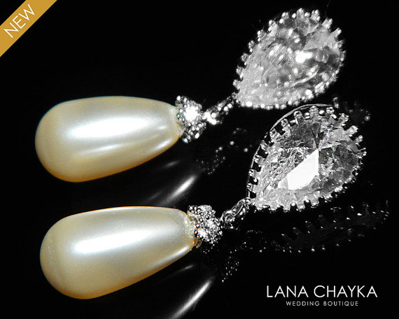 Hochzeit - Swarovski Cream Ivory Teardrop Pearl Earrings Rhodium Sterling Silver Cubic Zirconia Wedding Bridal Earrings FREE US Shipping