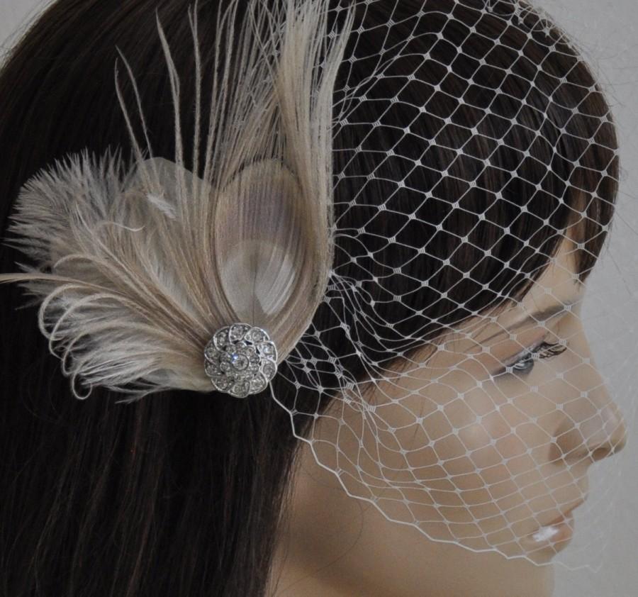 زفاف - Birdcage Veil ,Ivory Champagne peacock ,Feathers Fascinator,(2 ITEMS), bridal Feathers Fascinator, Hair Accessories,bridal head piece,