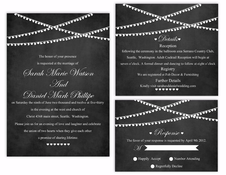 Hochzeit - Printable Chalkboard Wedding Invitation Suite Printable Invitation Lights Invitation Heart Invitation Download Invitation Edited jpeg file