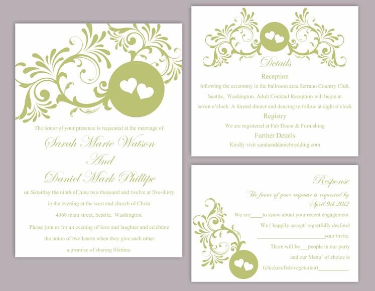 Свадьба - DIY Wedding Invitation Template Set Editable Word File Instant Download Printable Green Invitation Olive Wedding Invitation Heart Invitation