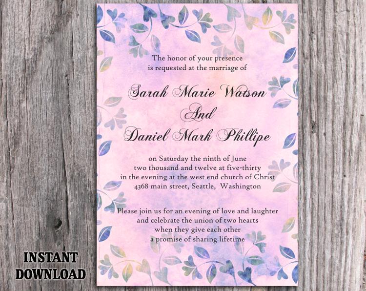 Mariage - DIY Rustic Wedding Invitation Template Editable Word File Download Printable Vintage Invitation Purple Invitation Leaf Floral Invitation