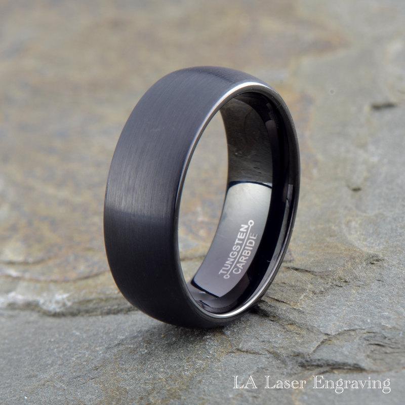Hochzeit - Tungsten Wedding Band, 8mm, Black Wedding Band, Mens Wedding Band, Engraving, Anniversary, Brushed, Polished inside, Mens Ring, His Hers