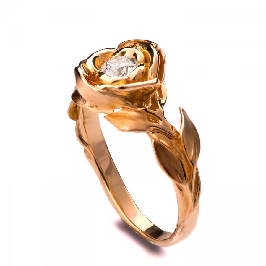 زفاف - GIA Certified, Rose Engagement Ring - Rose Gold and Diamond engagement ring, engagement ring, leaf ring, flower ring, antique, vintage