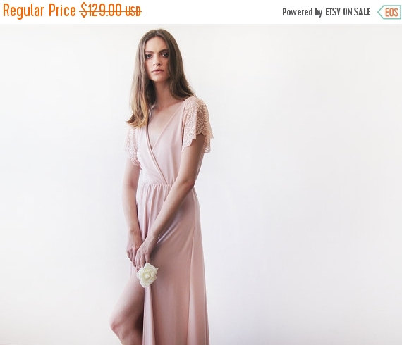 Mariage - Oscar SALE Blush pink  wrap dress with lace sleeves, Maxi pink gown with slit, Short sleeves lace dress