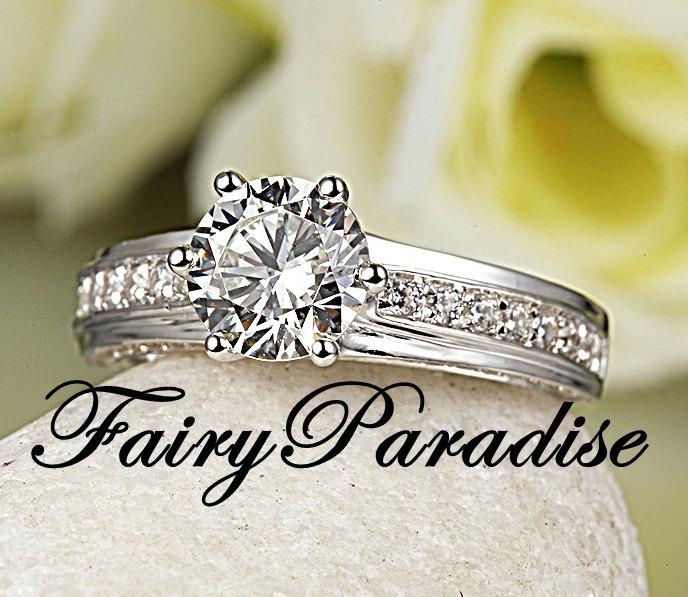 زفاف - Art Deco 1 Ct Round Cut man made Diamond Pave Band Engagement Wedding Ring- made to order