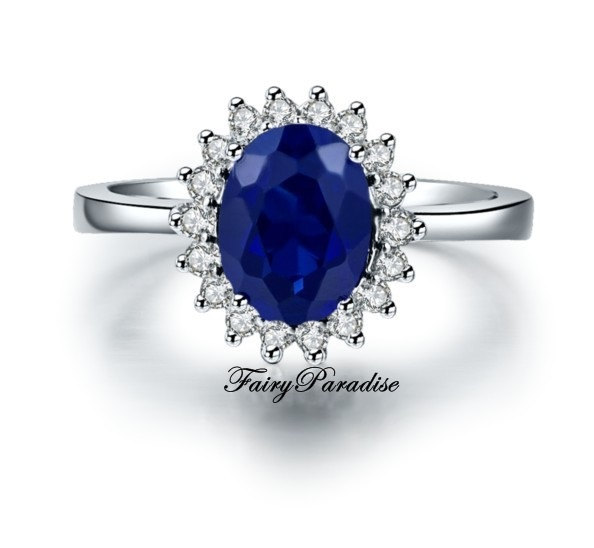 زفاف - Vintage style 2 Ct Oval Cut Synthetic Blue Sapphire Floral Halo Engagement Ring / Anniversary Gift with ring box ( FairyParadise)