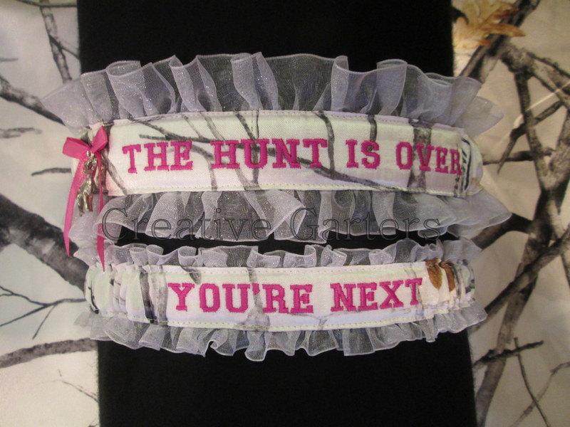 Wedding - The Hunt Is Over Garter Set--Pink Embroidery