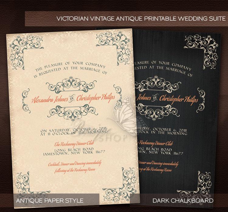 Hochzeit - Antique Victorian Style Vintage Wedding Suite - PRINTABLE DIY Wedding Invitation, RSVP & Thank You Card