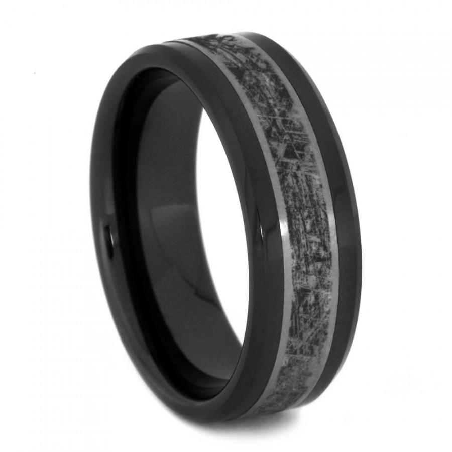 زفاف - Black Ceramic Wedding Band, Titanium Ring With Mimetic Meteorite, Black Rings For Men