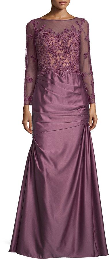 Hochzeit - La Femme Long-Sleeve Embellished Taffeta Mermaid Gown, Orchid